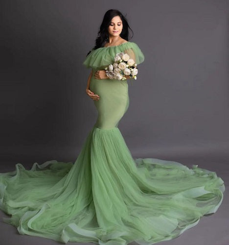 G608, Lime Green Ruffled Maternity Shoot Gown, Size: All, Color: All