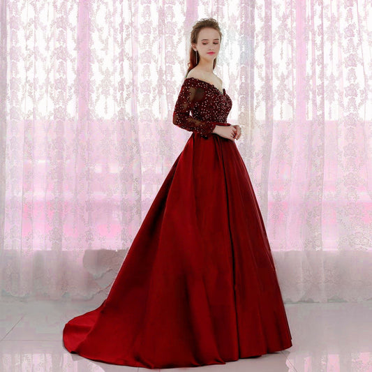 G227, Wine Satin Full Sleeves Off Shoulder Trail Ball gown, Size: All, Color: All