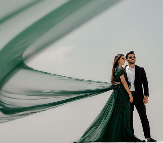 G822, Bottle Green Ruffled Pre Wedding Shoot  Gown, Size: All, Color: All