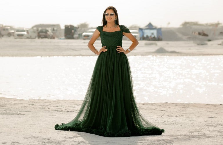 G822, Bottle Green Ruffled Pre Wedding Shoot  Gown, Size: All, Color: All