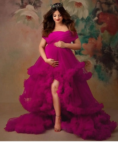 G1068, Hot Pink Slit Cut Ruffled Maternity Shoot Trail Gown Size: All, Color: All
