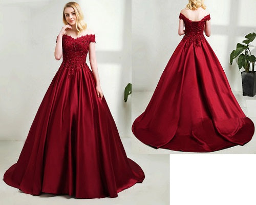 G130, Wine Satin Off Shoulder Trail Ball gown, Size: All, Color: All