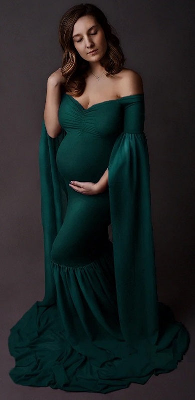 G281, Green Long Sleeves Trail  Lycra Fit Gown, Size: All, Color: All