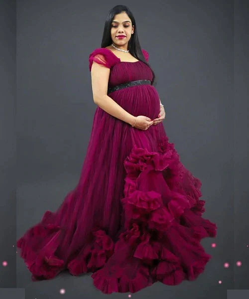 G648, Dark Magenta Puffy Pre Wedding Shoot Trail Gown Size: All, Color: All