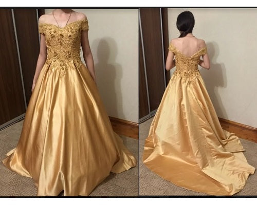 G176, Golden Off Shoulder Satin Ball Gown, Size: All, Color: All