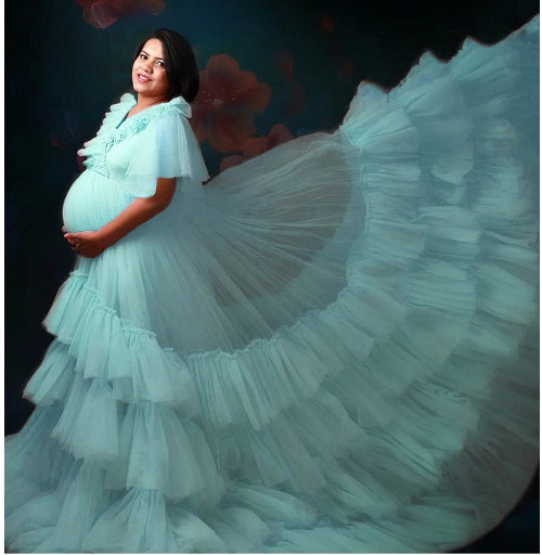 G355, Light Blue Ruffled Maternity Shoot  Gown, Size: All, Color: All