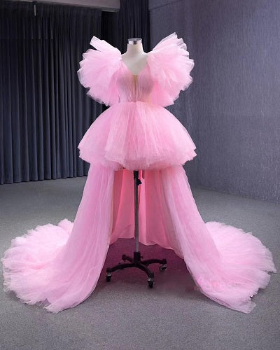 G788, Light Pink High Low Tiered Ruffled Long Trail Gown, Size: All, Color: All