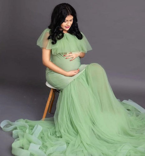 G608, Lime Green Ruffled Maternity Shoot Gown, Size: All, Color: All