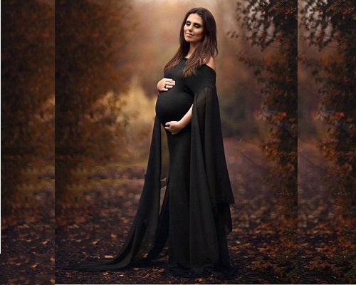 G192, Long Floor Touch Sleeves Black Maternity PhotoShoot Baby Shower Gown, Size: All, Color: All