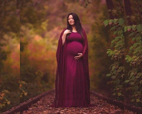 G194, Long Floor Touch Sleeves Wine Maternity PhotoShoot Baby Shower Gown Size: All, Color: All