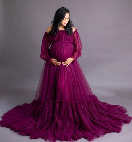 G1027, Dark Orchid Purple Frilled Maternity Shoot Trail Gown, Size: All, Color: All