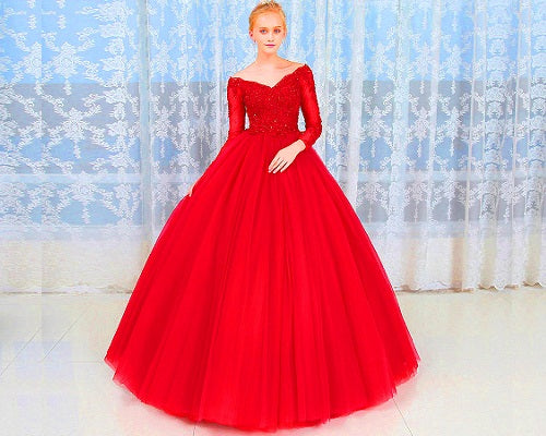 G335, Red Semi off Shoulder Ball Gown, Size (XS-30 to L-38)