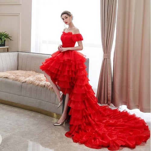 G340, Luxury Red Short Front Long Back Trail Ball Gown, Size: All, Color: All