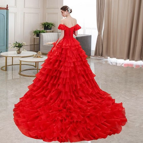 G340, Luxury Red Short Front Long Back Trail Ball Gown, Size: All, Color: All