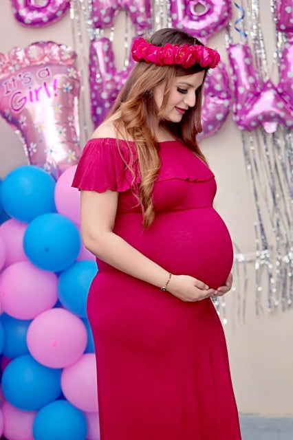 G42,  Long Off Shoulder Wine Maternity shoot Baby Shower Lycra Body Fit Gown, Size: All, Color: All