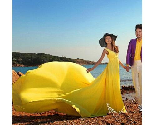 G178, Yellow Prewedding Shoot Infinity Long Trail Gown Size: All, Color: All