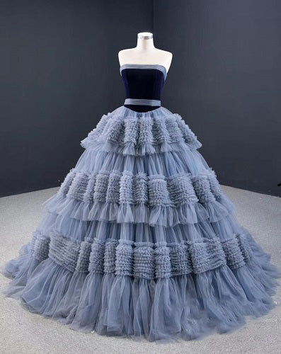 G786, Dusty Grey Ruffled Long Trail Shoot Gown, Size: All, Color: All