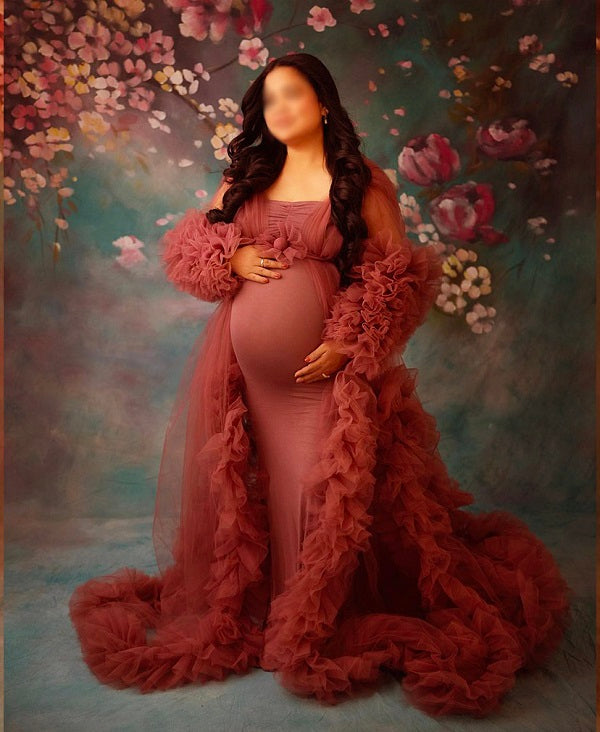 G348, Watermelon Ruffled Maternity Shoot  Gown, Size: All, Color: All