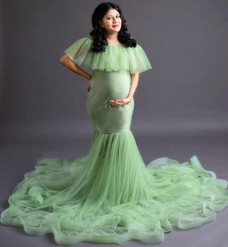 G608, Lime Green Ruffled Maternity Shoot Gown, Size: All, Color: All